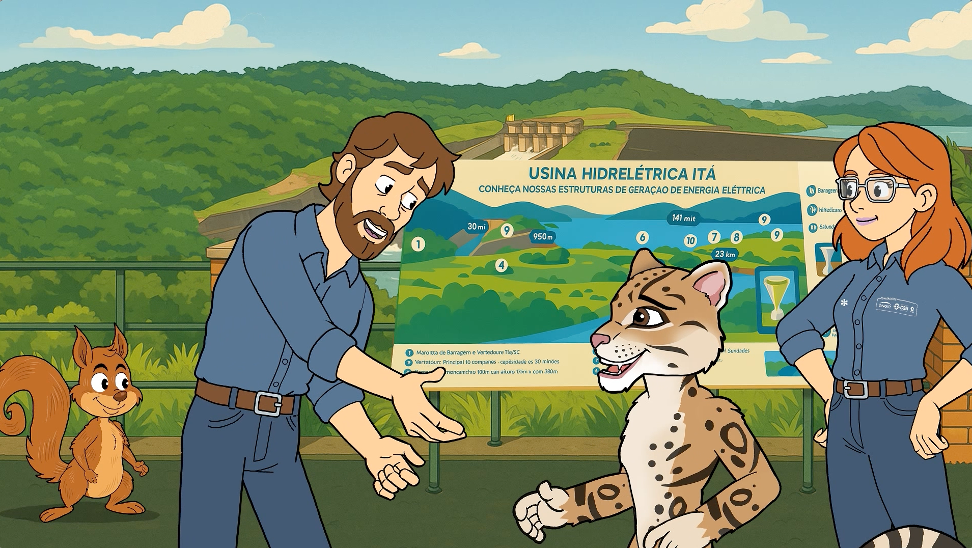 Personagens em visita ilustrada a usina hidrelétrica